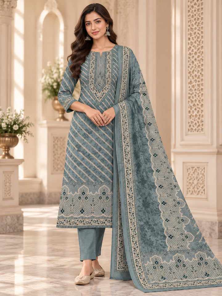 Grey Chanderi Printed Unstitched Dress Material
