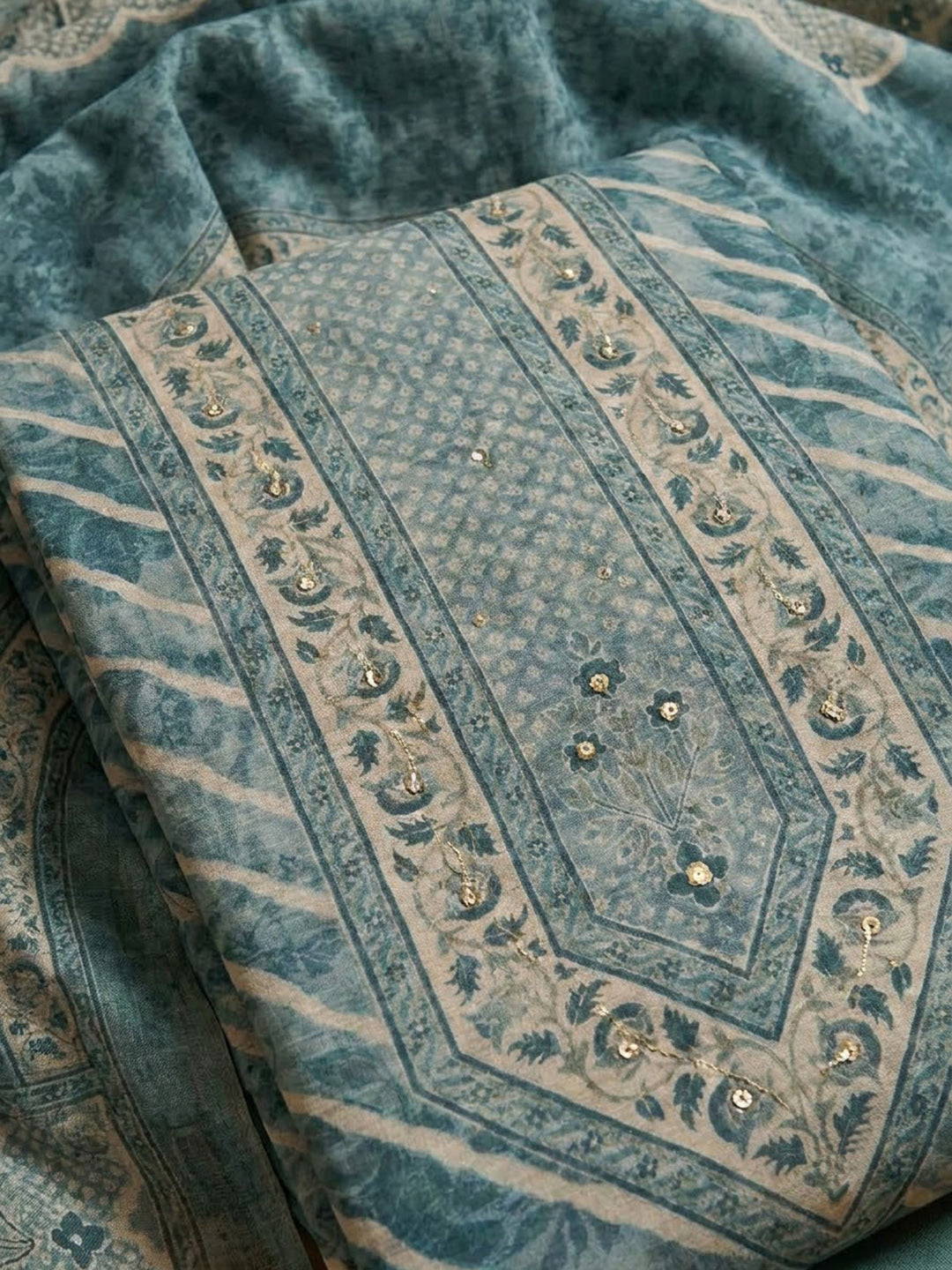 Grey Chanderi Printed Unstitched Dress Material
