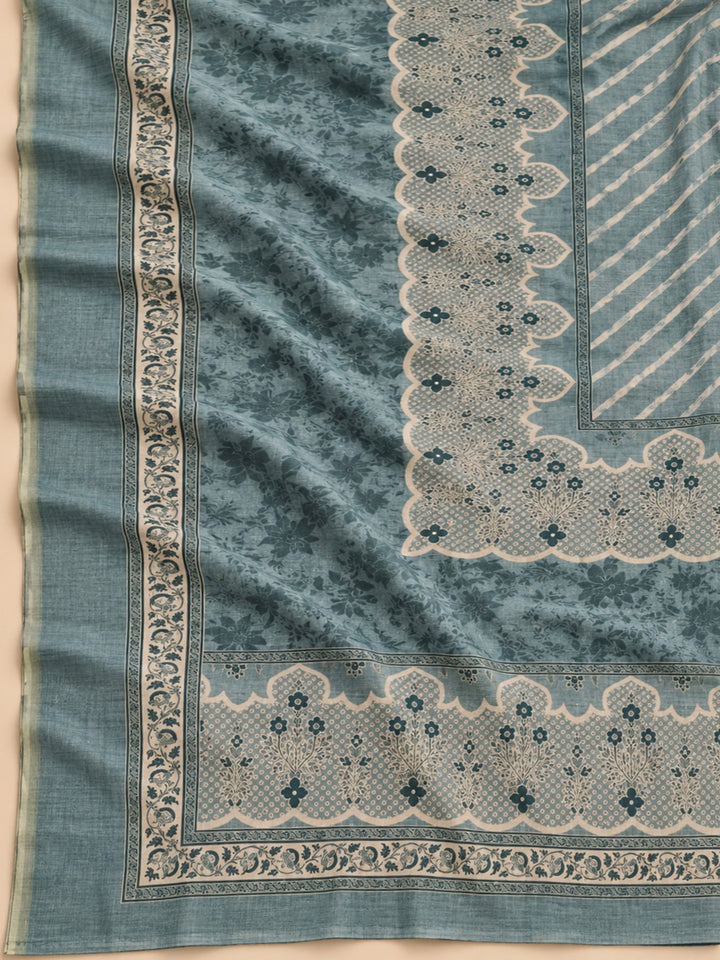Grey Chanderi Printed Unstitched Dress Material