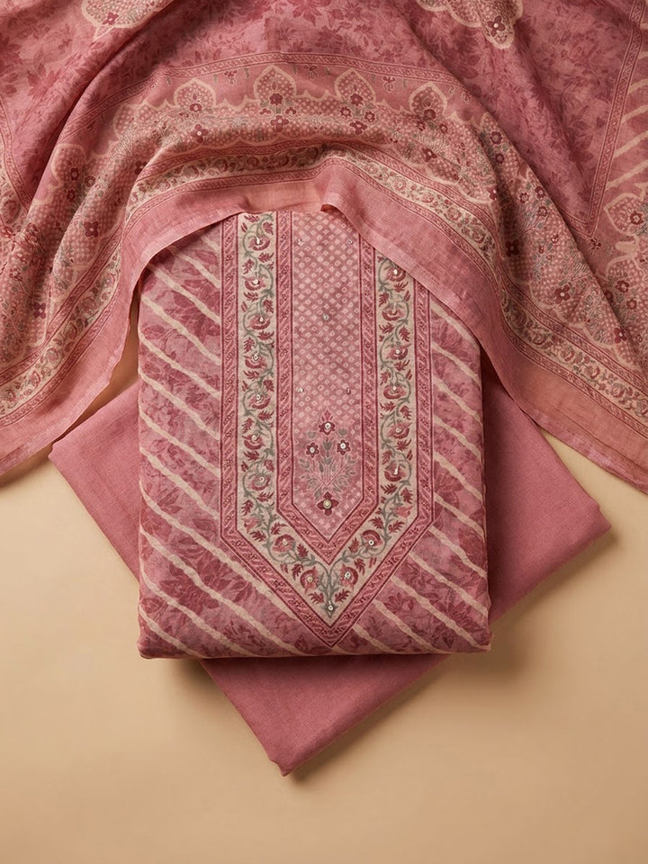 Onion Pink Chanderi Printed Unstitched Dress Material
