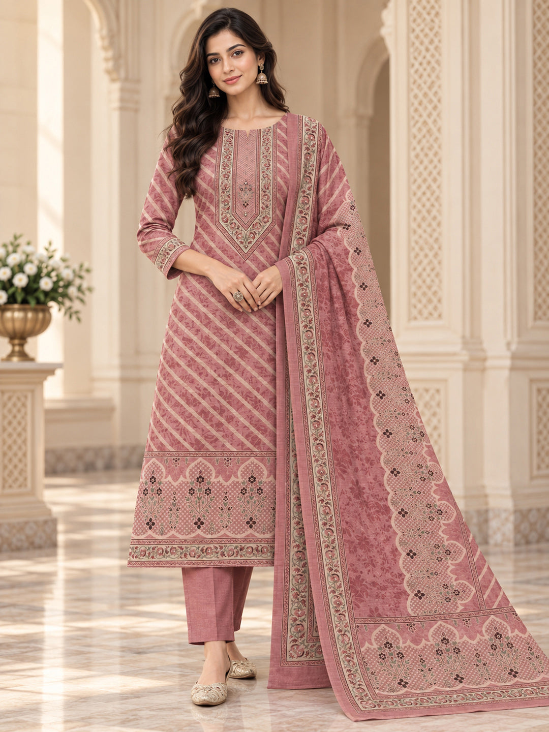 Onion Pink Chanderi Printed Unstitched Dress Material