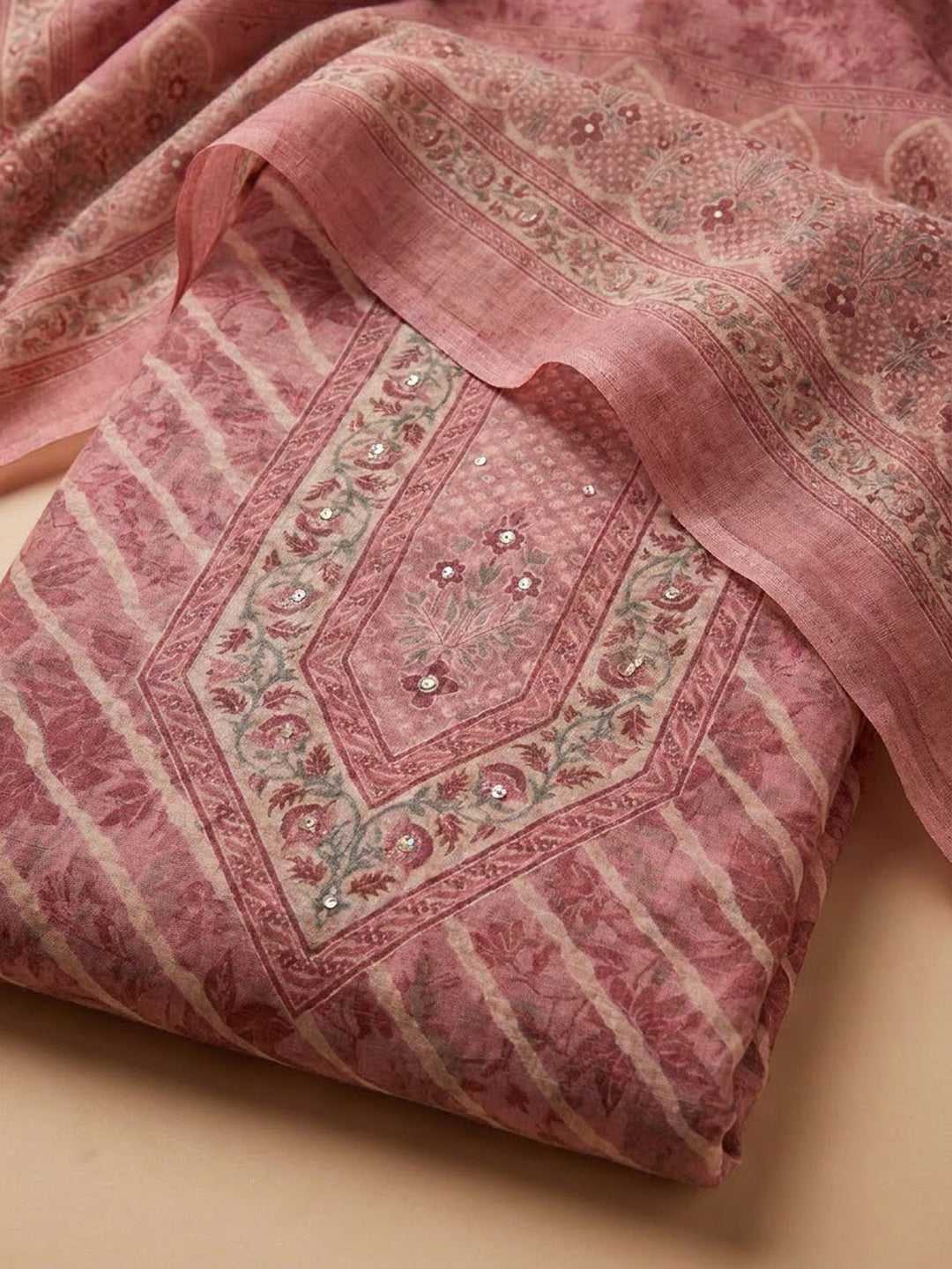 Onion Pink Chanderi Printed Unstitched Dress Material