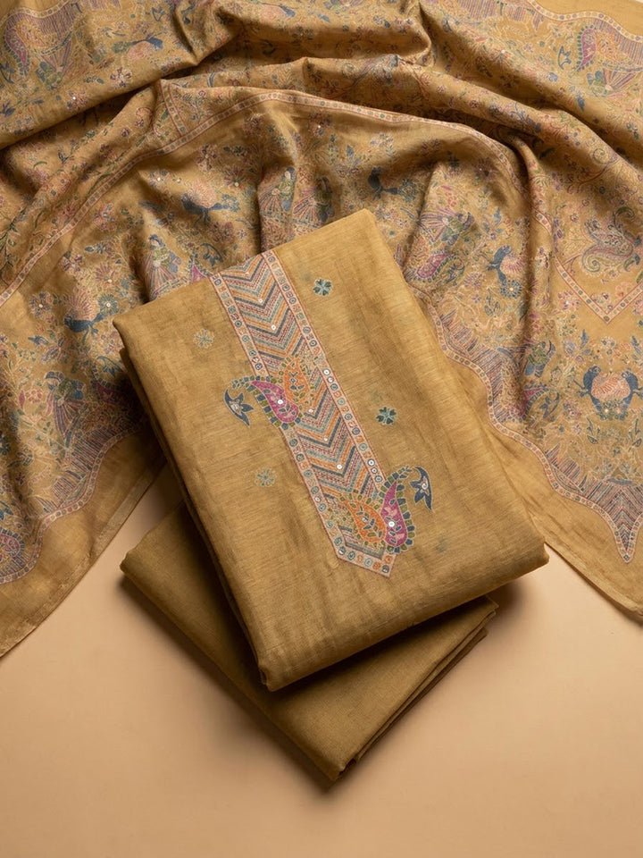 Beige Chanderi Printed Unstitched Dress Material