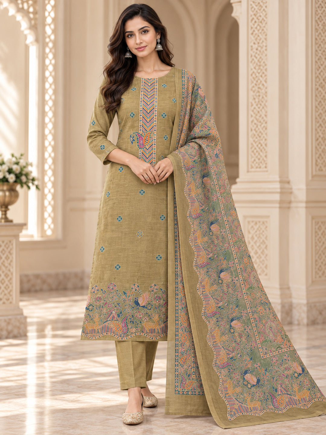 Beige Chanderi Printed Unstitched Dress Material