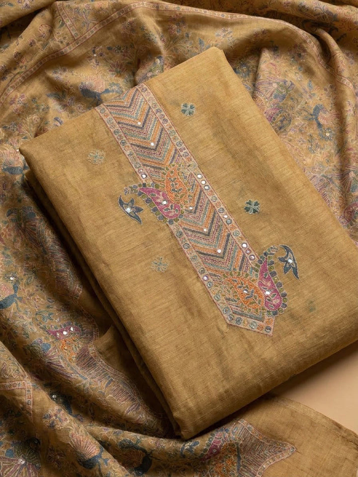 Beige Chanderi Printed Unstitched Dress Material