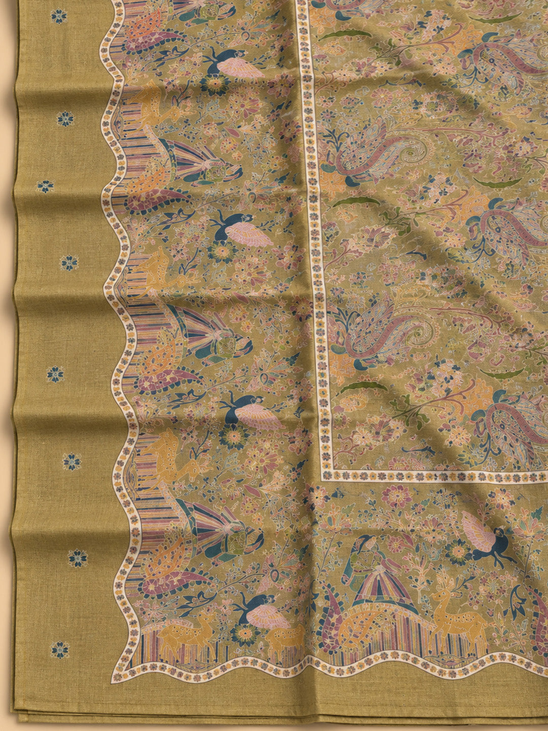 Beige Chanderi Printed Unstitched Dress Material