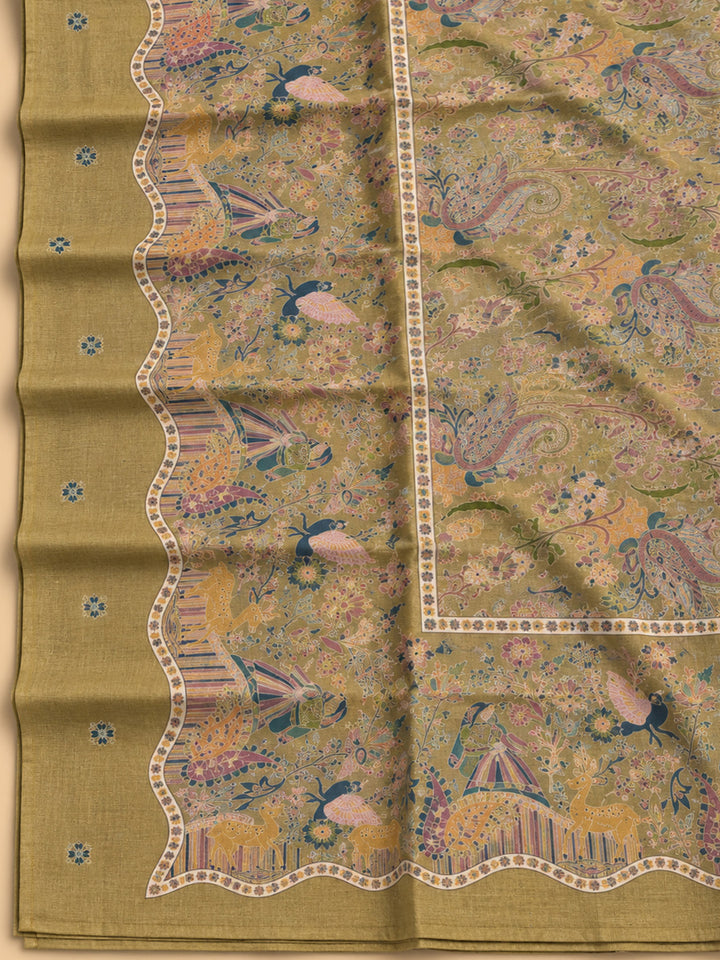 Beige Chanderi Printed Unstitched Dress Material