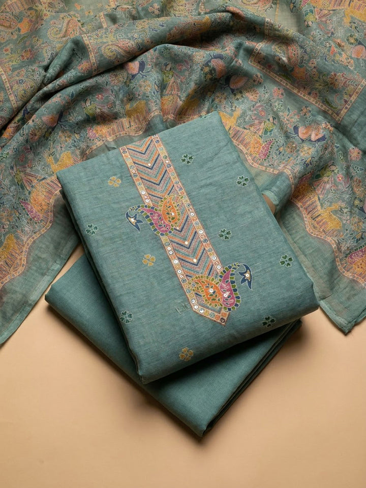 Grey Chanderi Printed Unstitched Dress Material