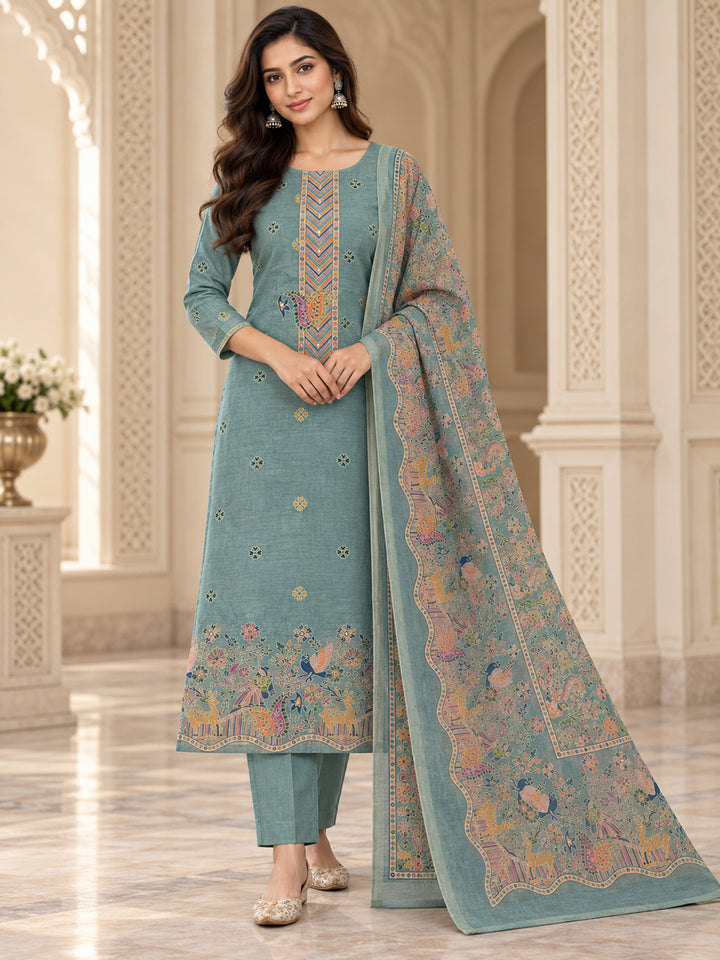 Grey Chanderi Printed Unstitched Dress Material