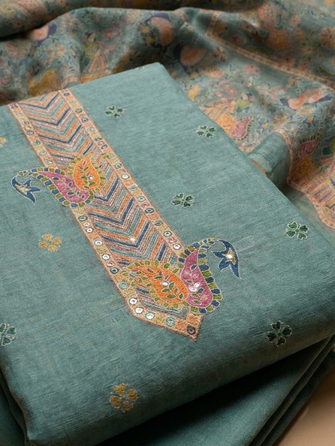 Grey Chanderi Printed Unstitched Dress Material