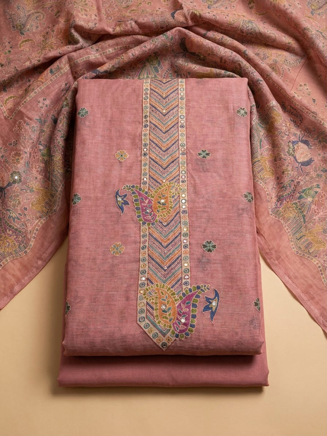 Onion Pink Chanderi Printed Unstitched Dress Material