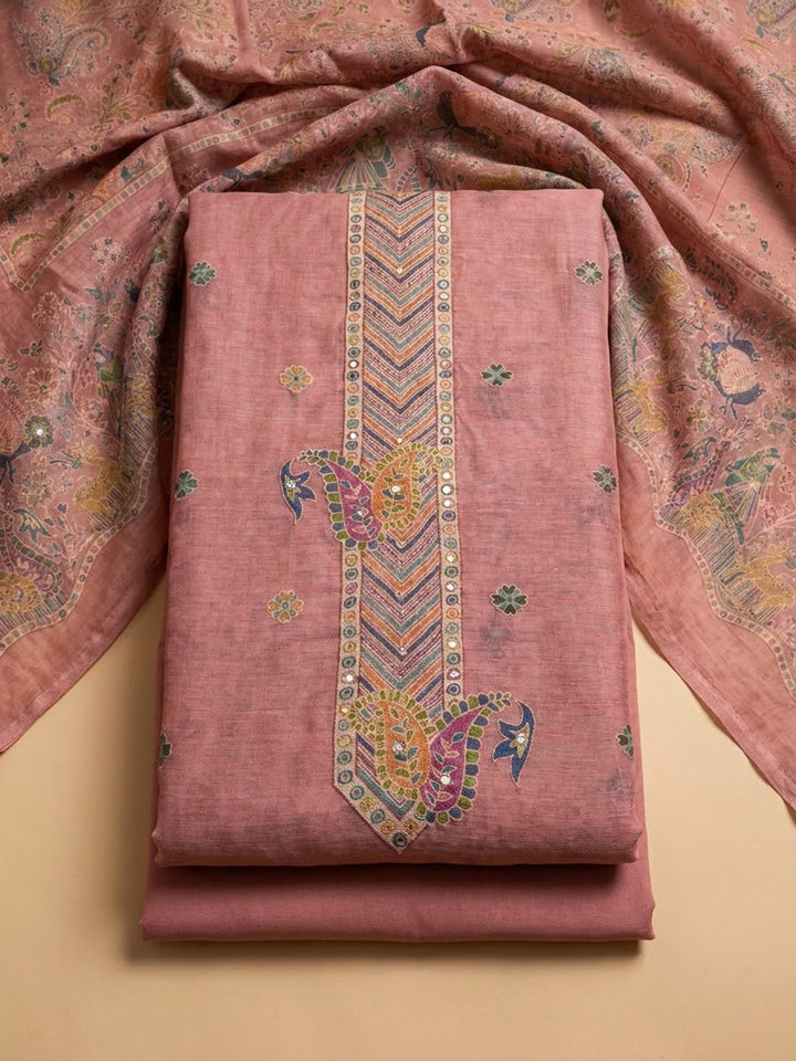 Onion Pink Chanderi Printed Unstitched Dress Material