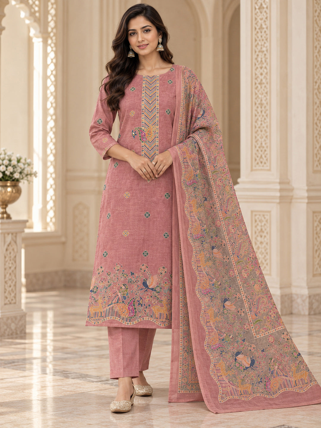 Onion Pink Chanderi Printed Unstitched Dress Material