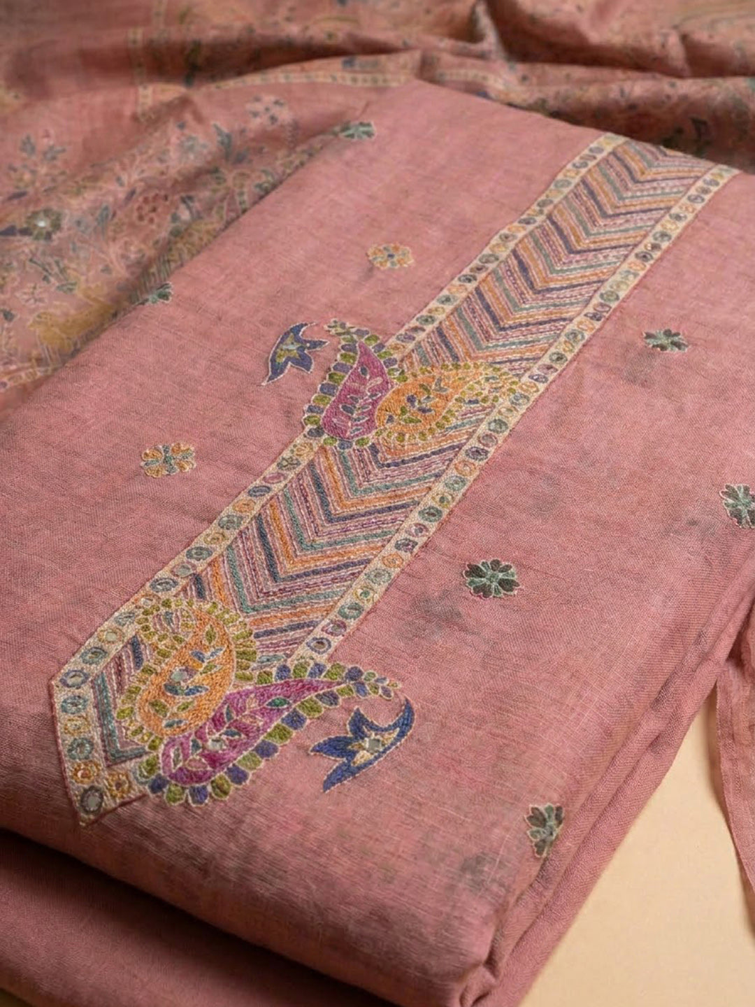 Onion Pink Chanderi Printed Unstitched Dress Material