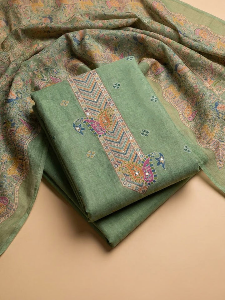 Pista Green Chanderi Printed Unstitched Dress Material