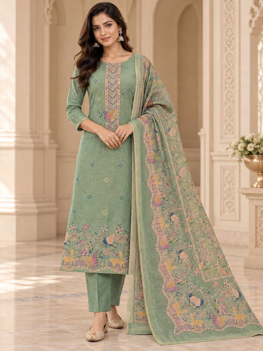 Pista Green Chanderi Printed Unstitched Dress Material