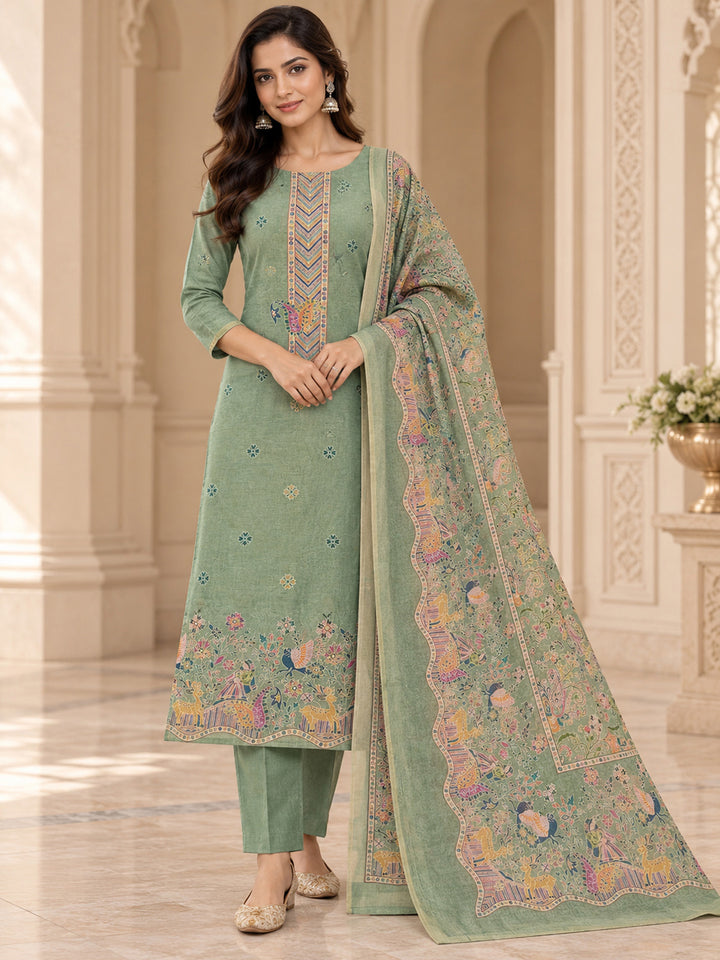 Pista Green Chanderi Printed Unstitched Dress Material