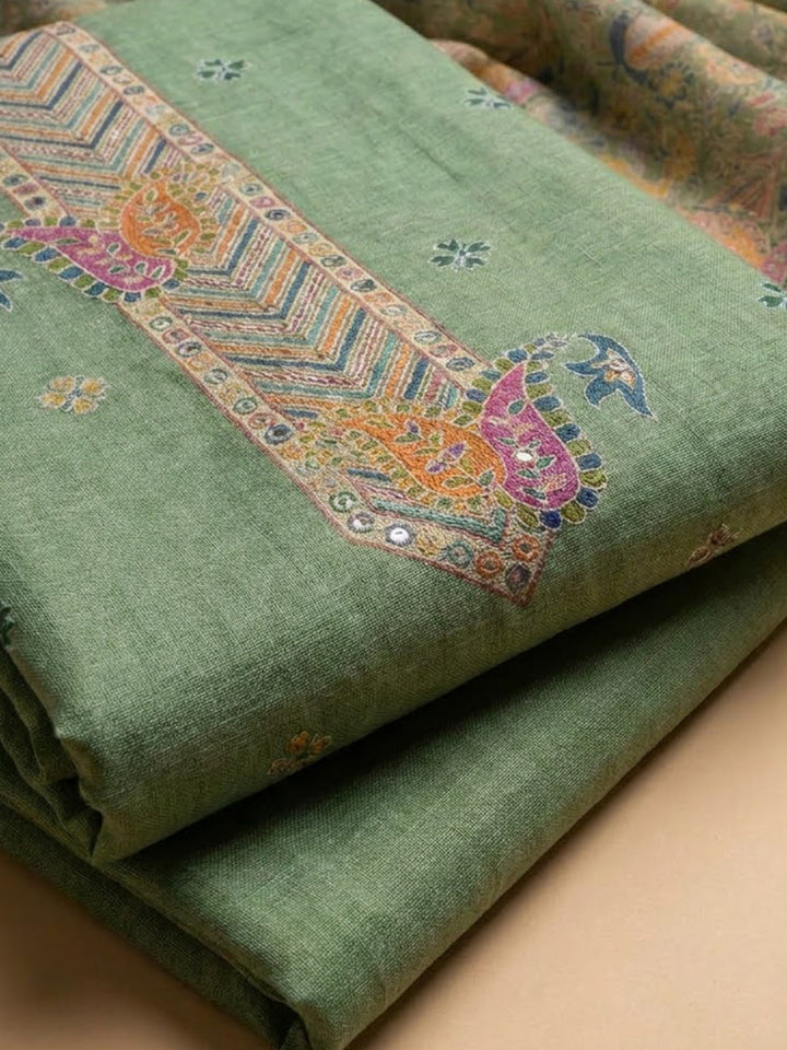 Pista Green Chanderi Printed Unstitched Dress Material