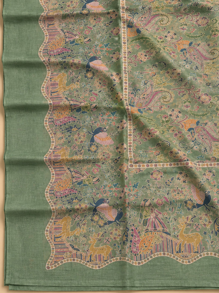 Pista Green Chanderi Printed Unstitched Dress Material