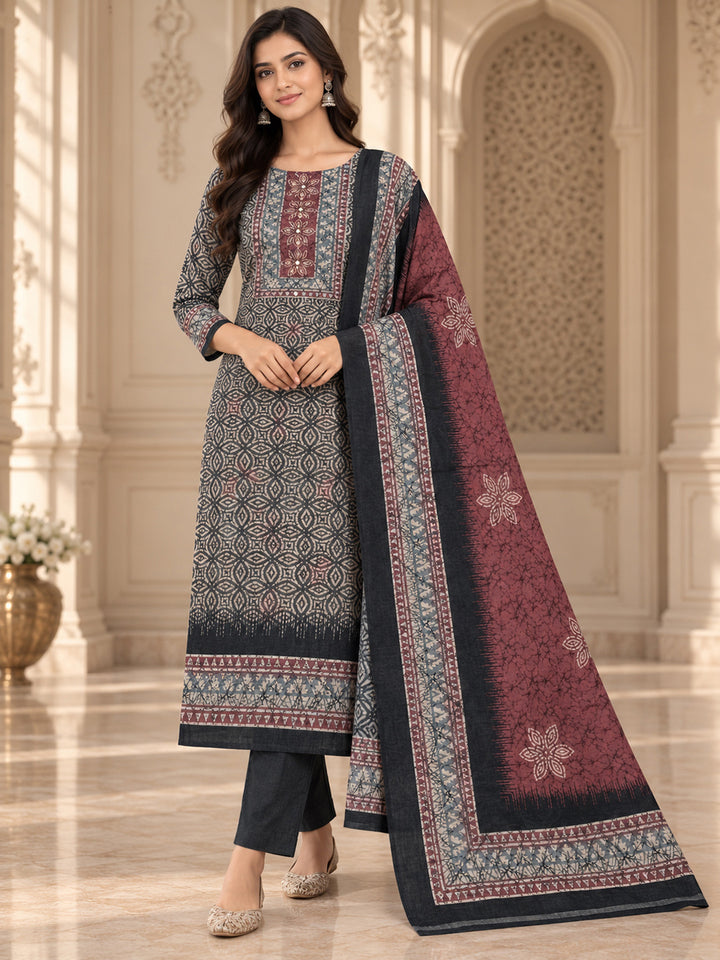 Black Chanderi Embroidered Unstitched Dress Material