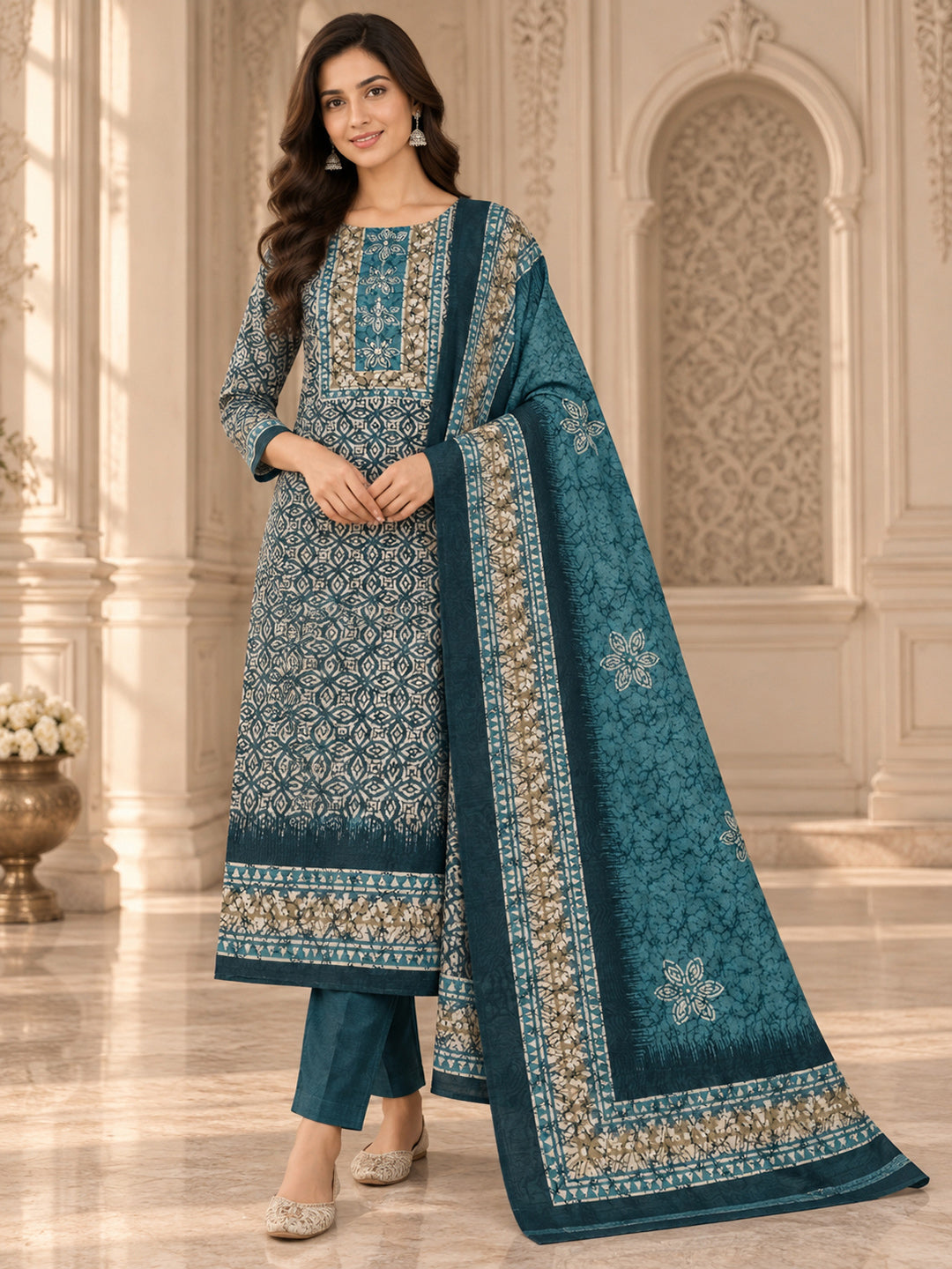 Blue Chanderi Embroidered Unstitched Dress Material