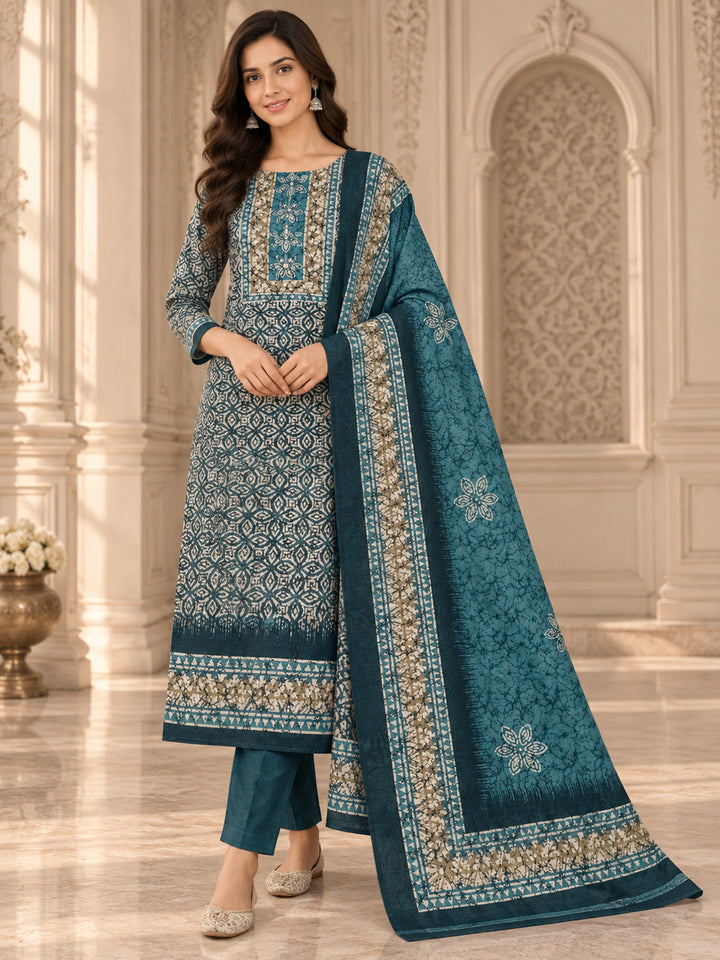 Blue Chanderi Embroidered Unstitched Dress Material