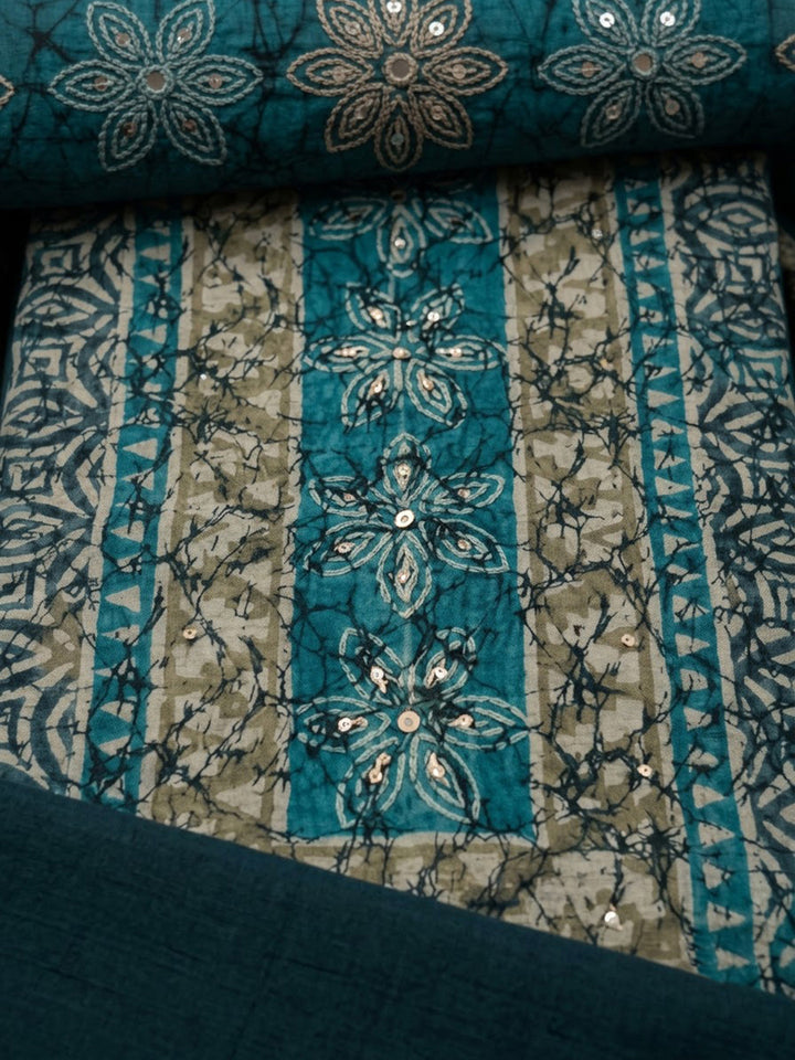 Blue Chanderi Embroidered Unstitched Dress Material