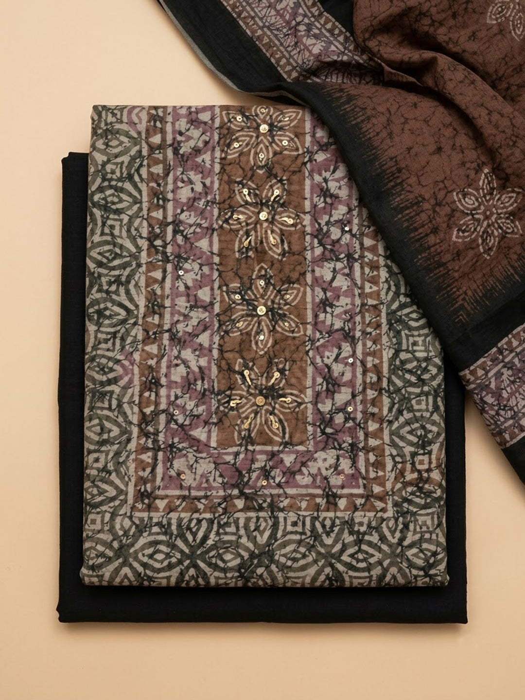 Brown Chanderi Embroidered Unstitched Dress Material