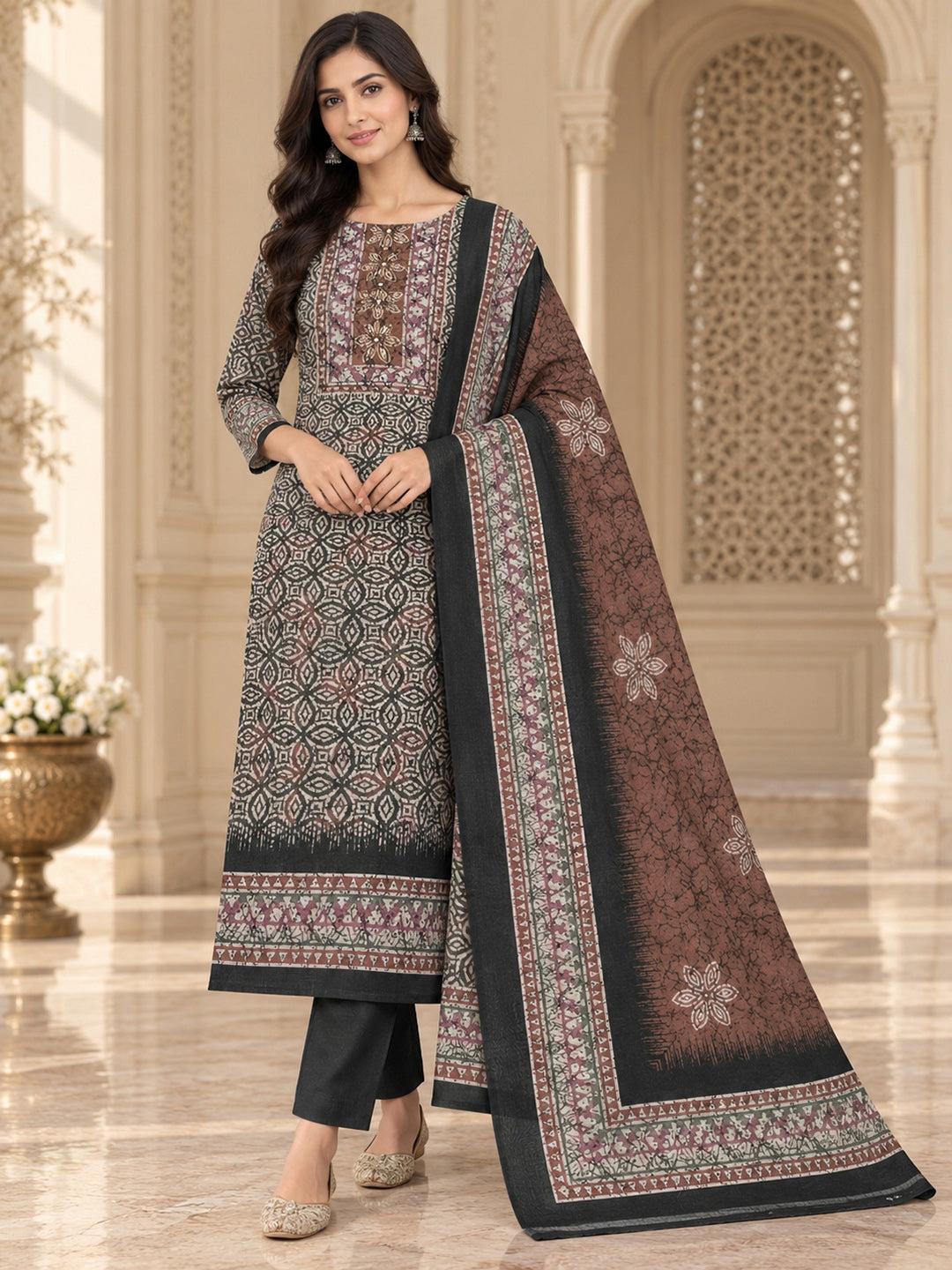 Brown Chanderi Embroidered Unstitched Dress Material