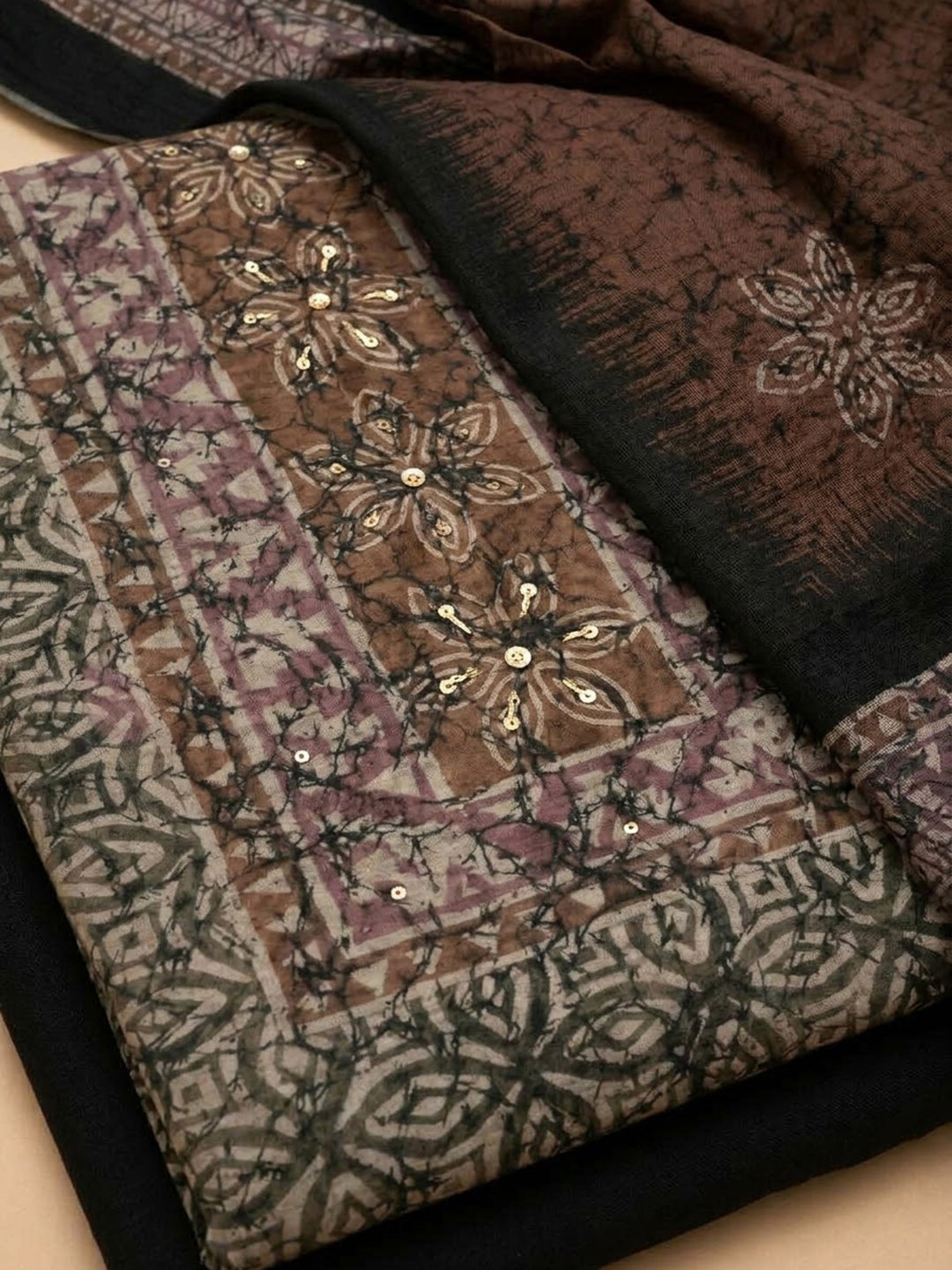 Brown Chanderi Embroidered Unstitched Dress Material