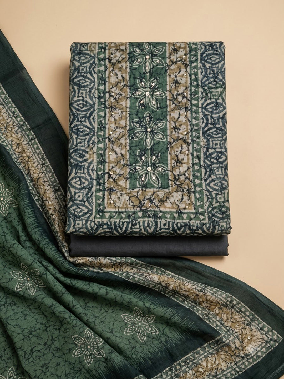 Green Chanderi Embroidered Unstitched Dress Material