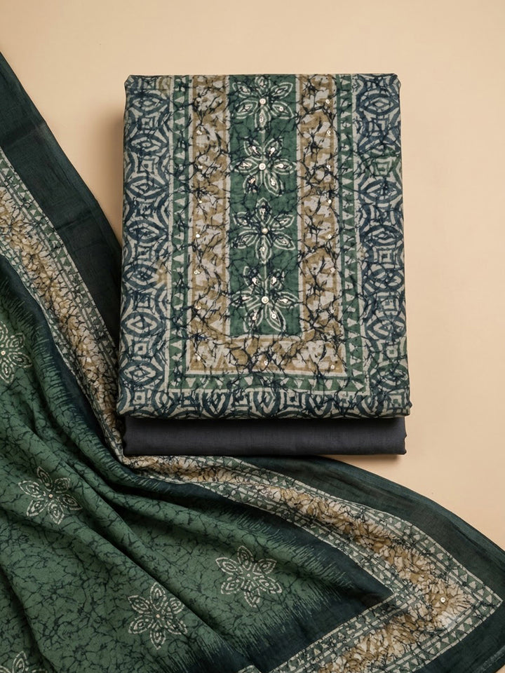 Green Chanderi Embroidered Unstitched Dress Material