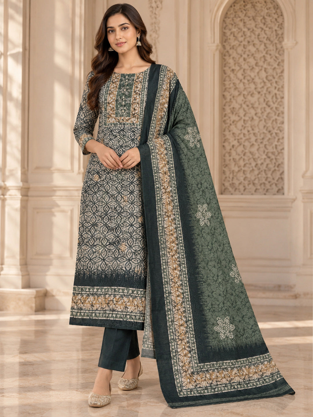 Green Chanderi Embroidered Unstitched Dress Material