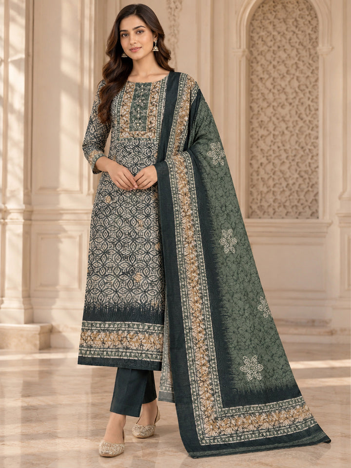 Green Chanderi Embroidered Unstitched Dress Material