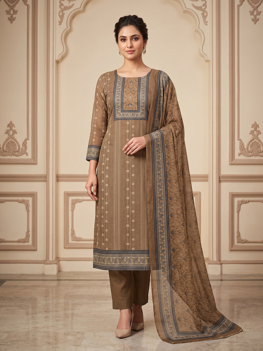 Beige Chanderi Embroidered Unstitched Dress Material