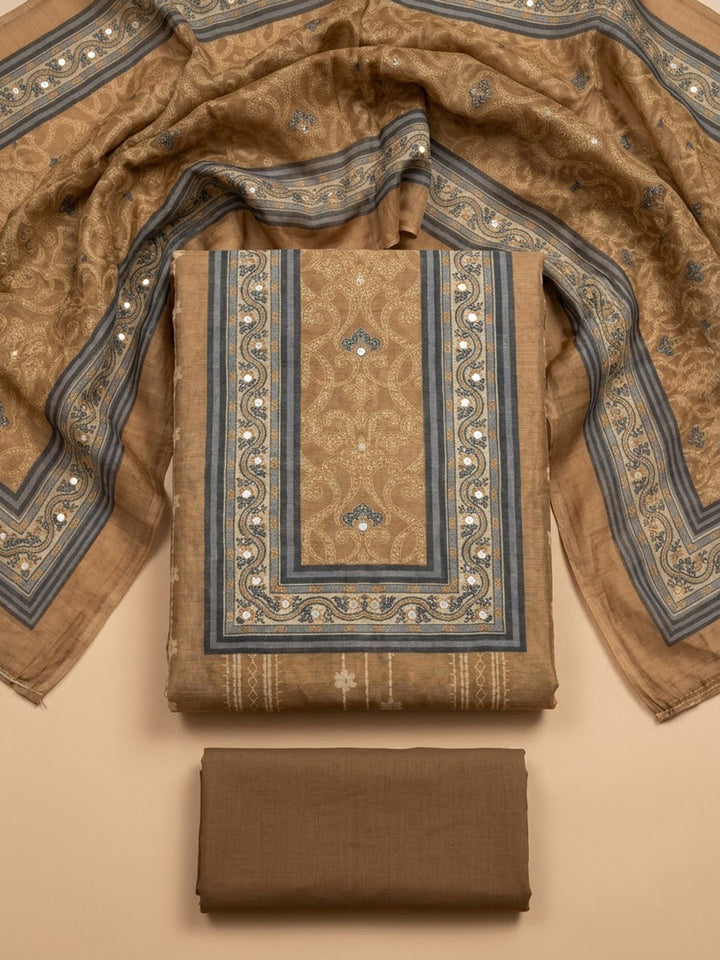 Beige Chanderi Embroidered Unstitched Dress Material