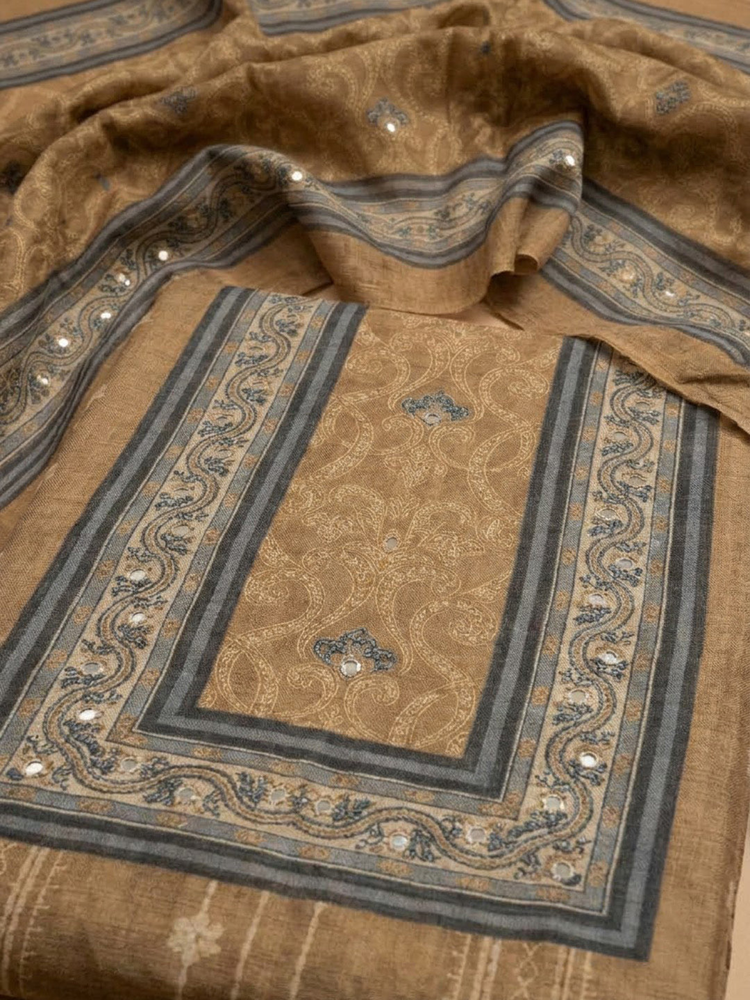 Beige Chanderi Embroidered Unstitched Dress Material