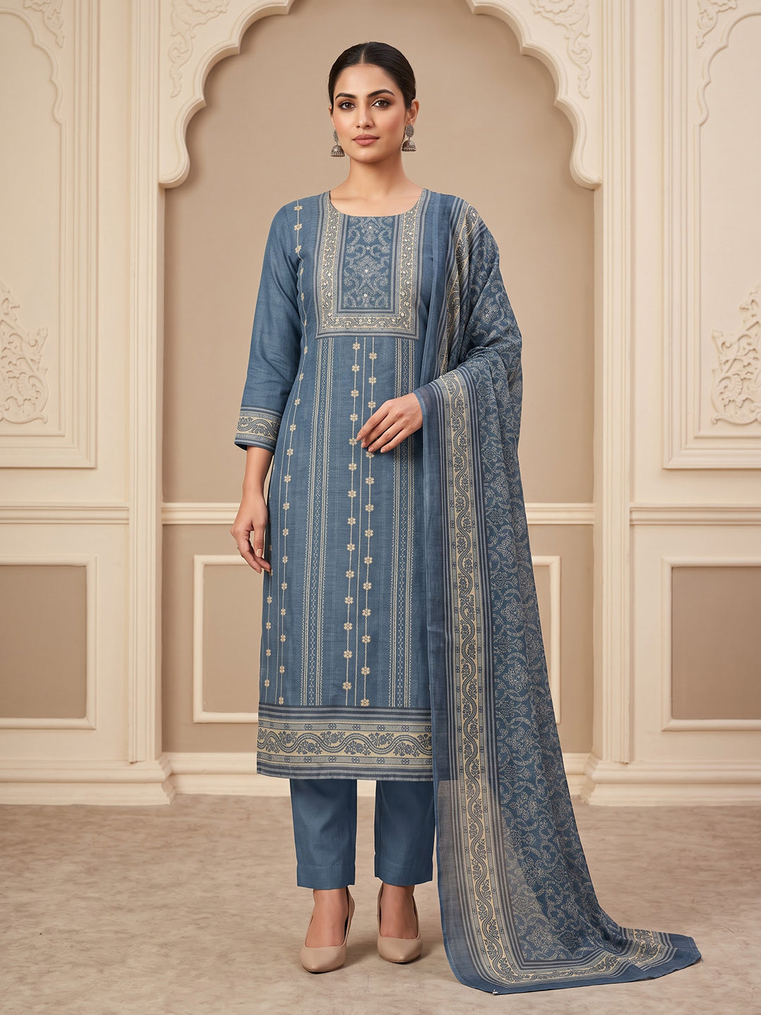 Grey Chanderi Embroidered Unstitched Dress Material