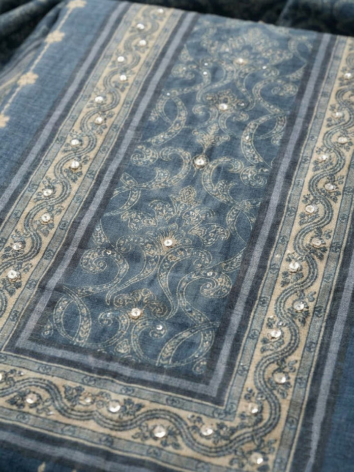 Grey Chanderi Embroidered Unstitched Dress Material