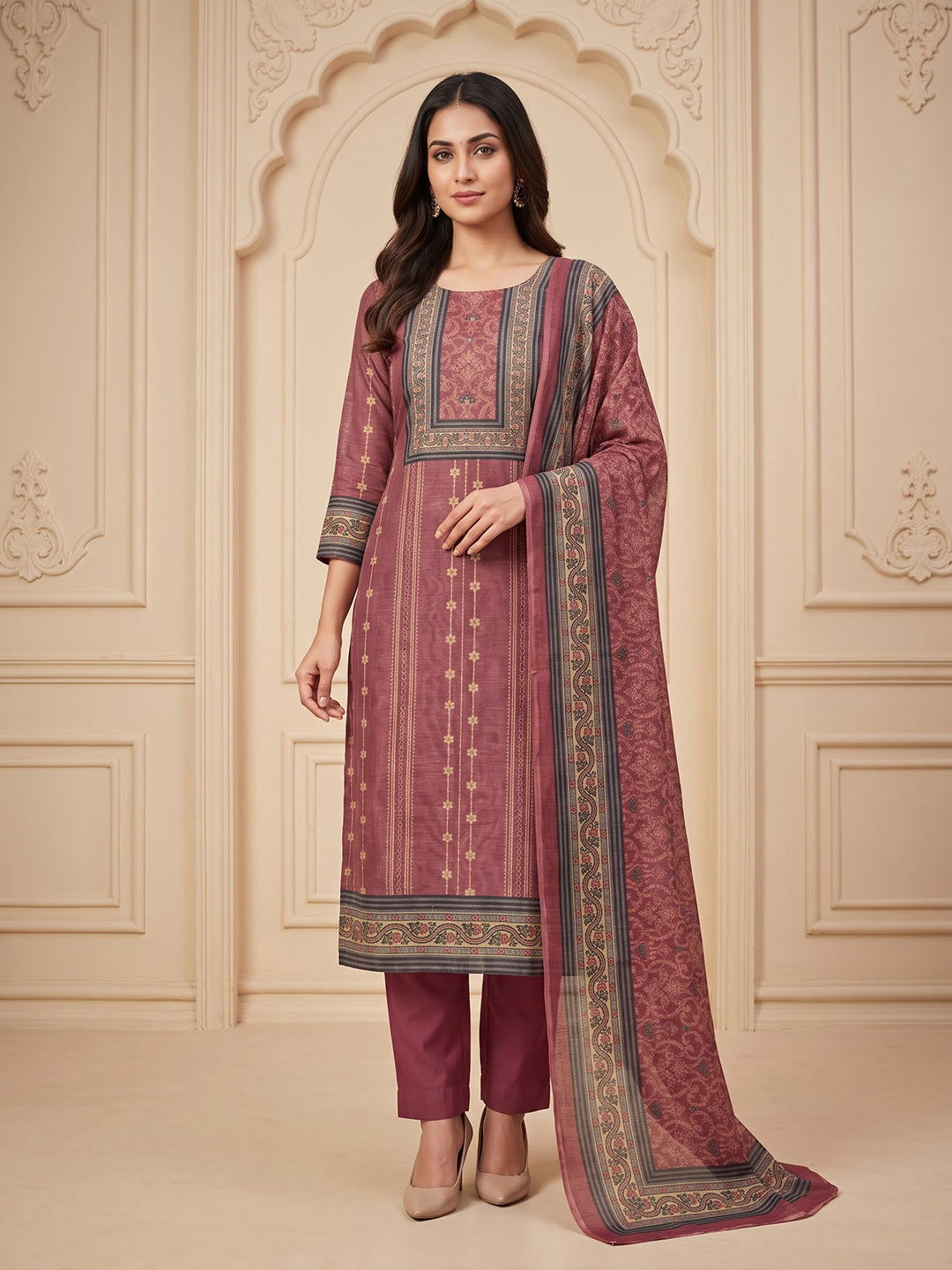 Onion-Pink Chanderi Embroidered Unstitched Dress Material