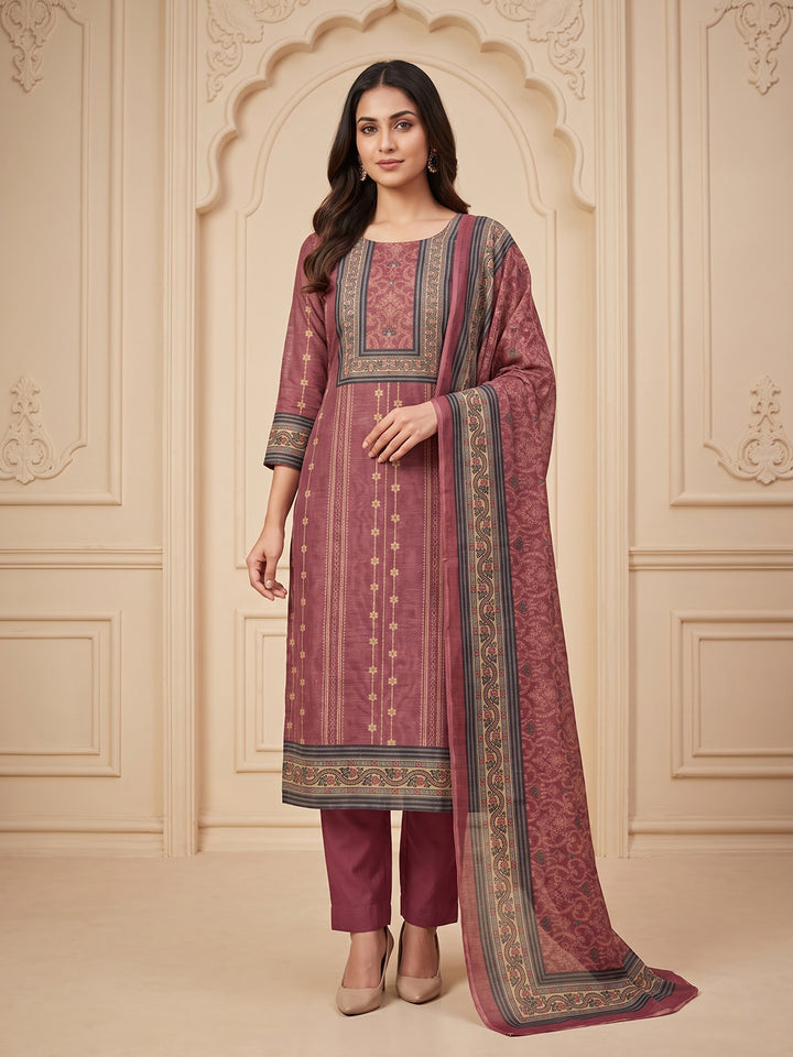 Onion-Pink Chanderi Embroidered Unstitched Dress Material