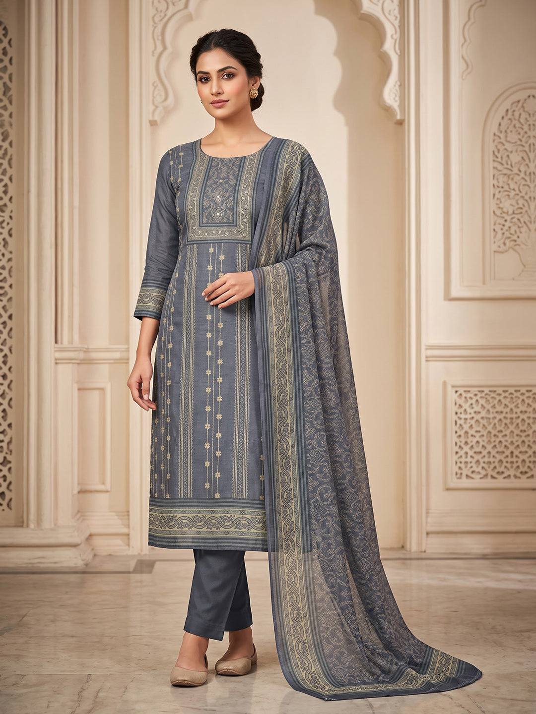 Purple Chanderi Embroidered Unstitched Dress Material