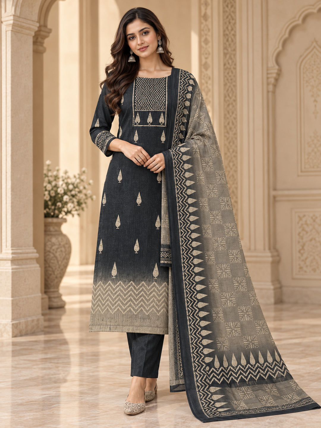 Black Chanderi Embroidered Unstitched Dress Material