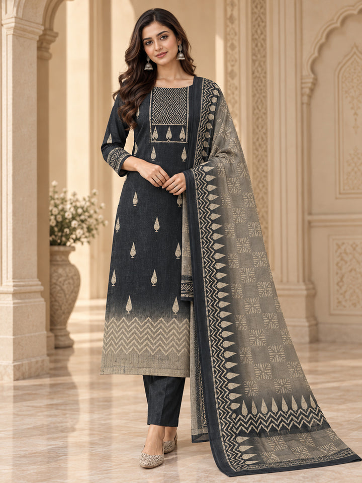 Black Chanderi Embroidered Unstitched Dress Material