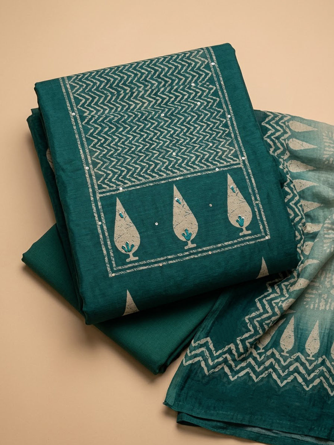 Green Chanderi Embroidered Unstitched Dress Material