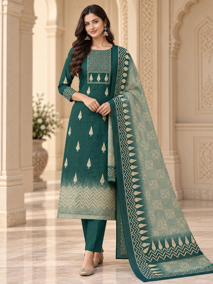 Green Chanderi Embroidered Unstitched Dress Material