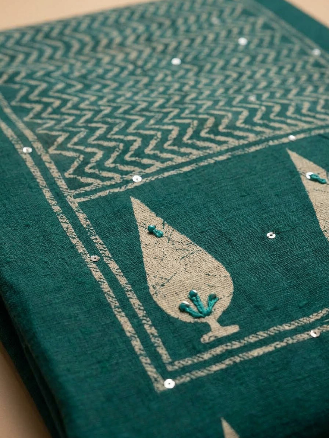 Green Chanderi Embroidered Unstitched Dress Material