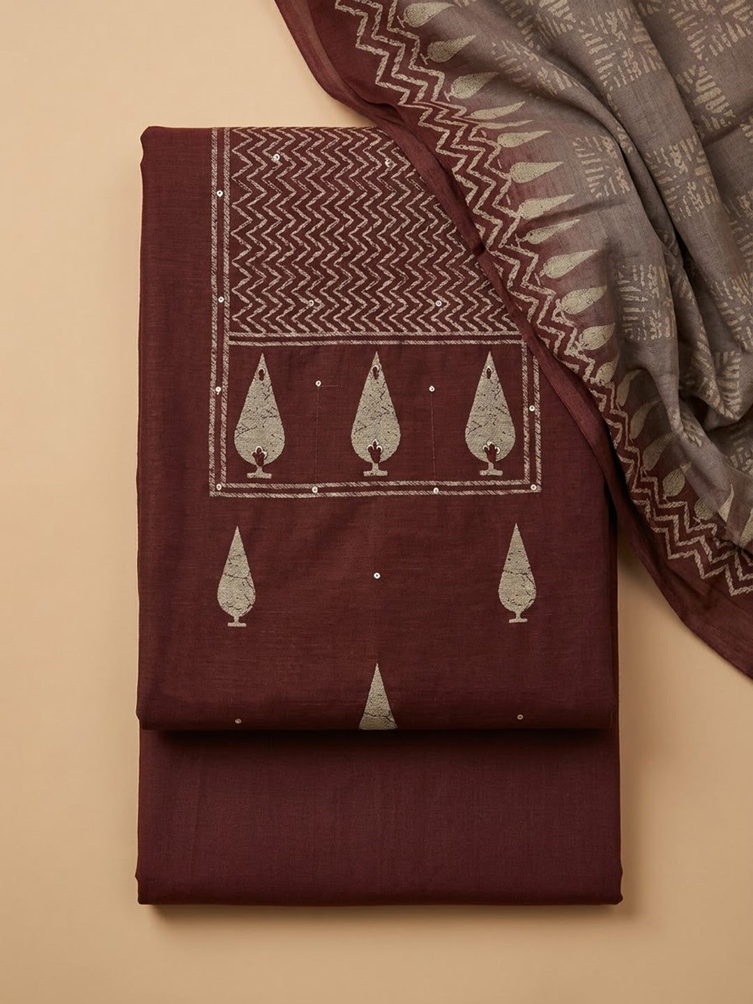 Maroon Chanderi Embroidered Unstitched Dress Material