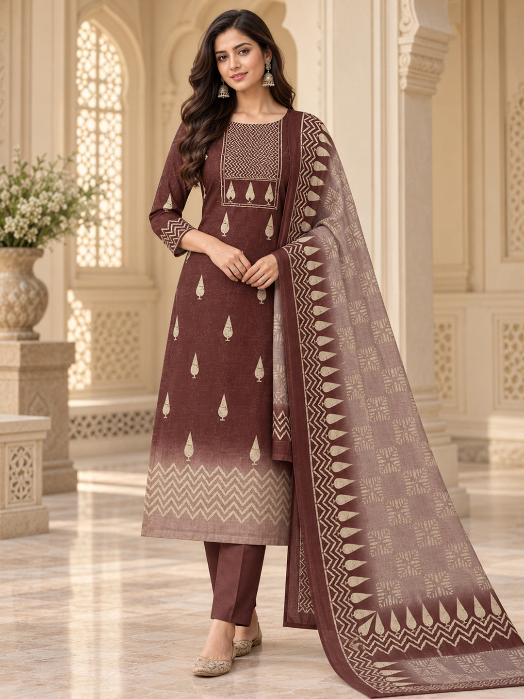 Maroon Chanderi Embroidered Unstitched Dress Material