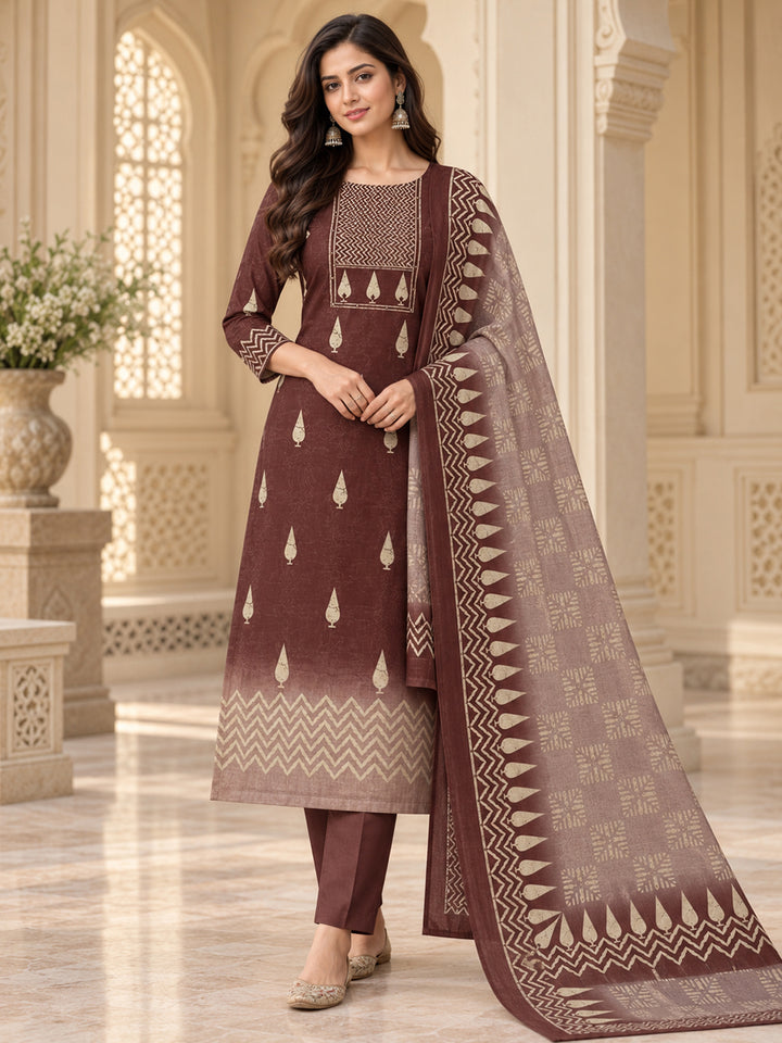 Maroon Chanderi Embroidered Unstitched Dress Material